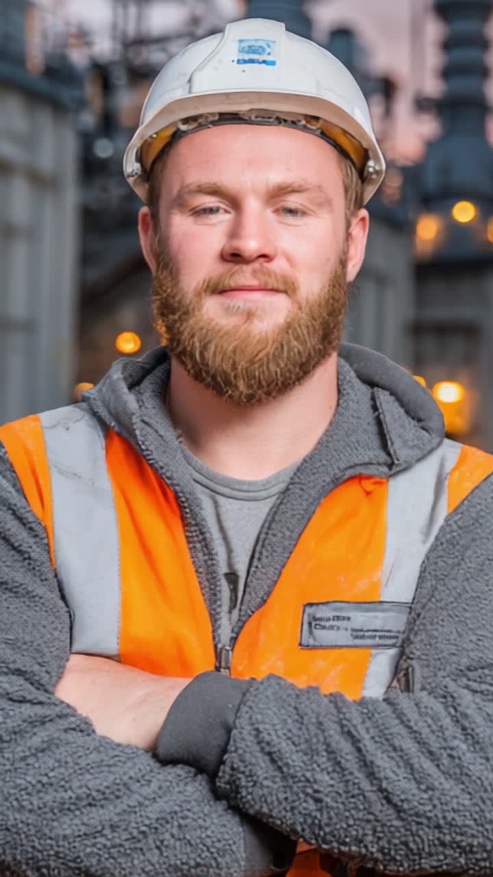 Dedicated Construction Worker in Safety Gear Showcases Professionalism and Confidence Against Industrial Background