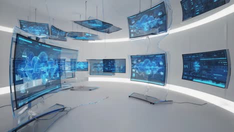 futuristic control room with holographic data displays