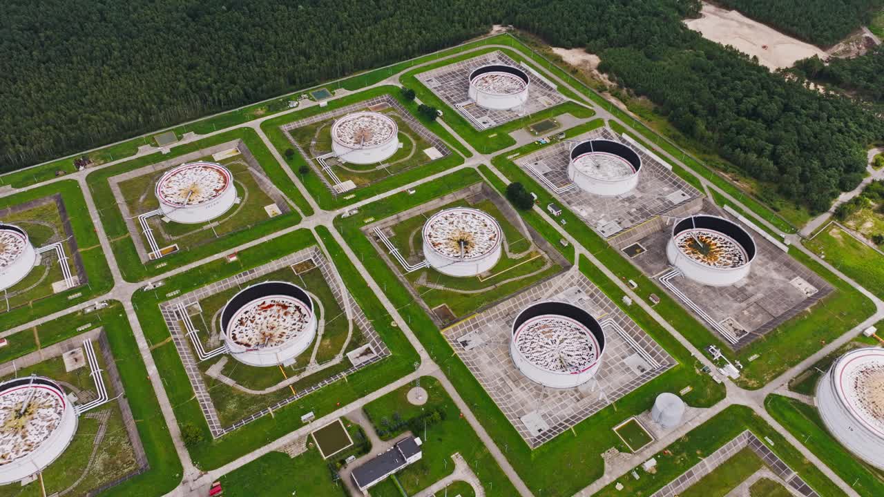 Top view of Gdansk oil depot tanks showing industrial energy storage facility