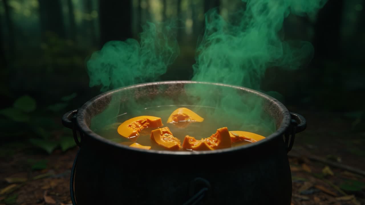 A Mysterious Cauldron Simmering in the Enchanting Forest, Filled with Vibrant Orange Squash Pieces and Emitting Wispy Green Steam, Evoking a Magical Atmosphere