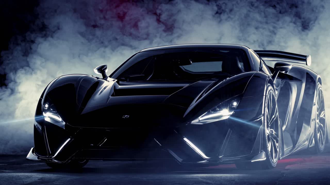 Low-angle shot of a sleek black sports car with dramatic lighting and smoke, creating a cinematic