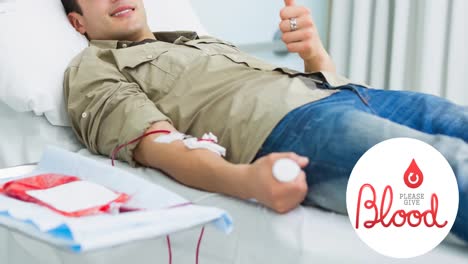 Animation-of-please-give-blood-text-with-blood-drop-logo,-over-smiling-male-donor-giving-thumbs-up