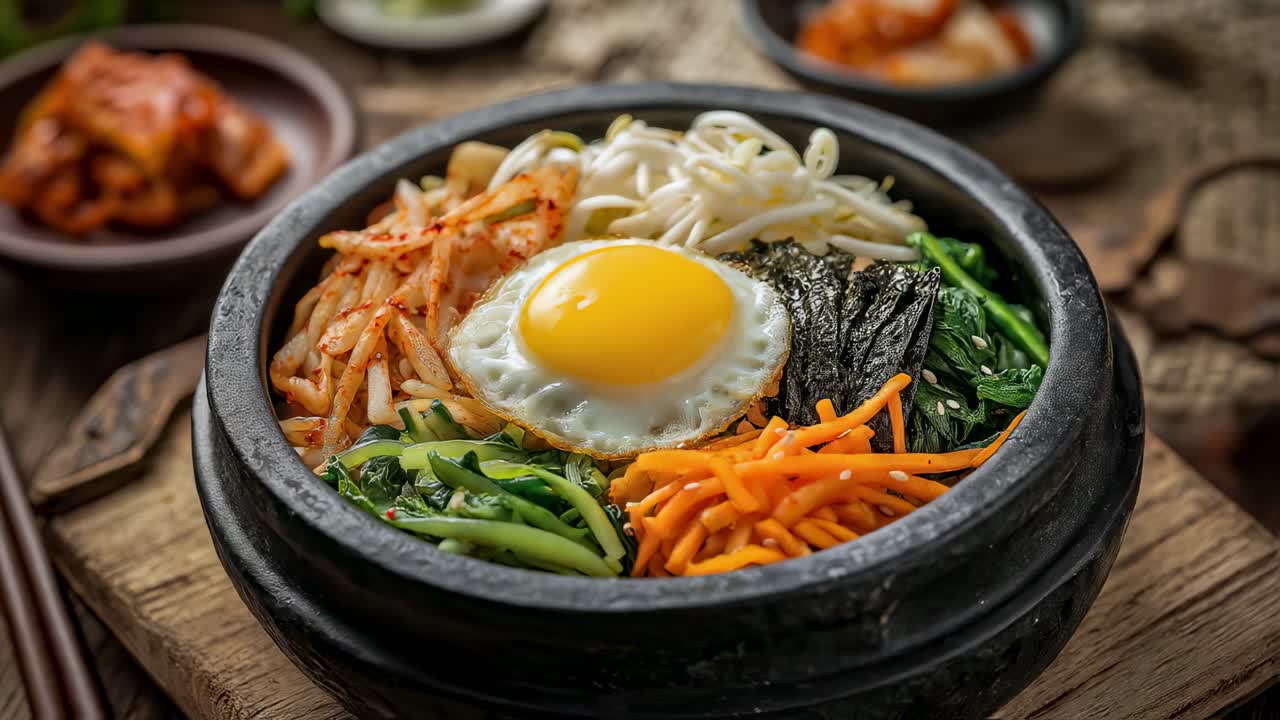 Vibrant Korean bibimbap rising from sizzling stone bowl, featuring colorful vegetables, crispy fried egg, releasing aromatic steam in gourmet presentation