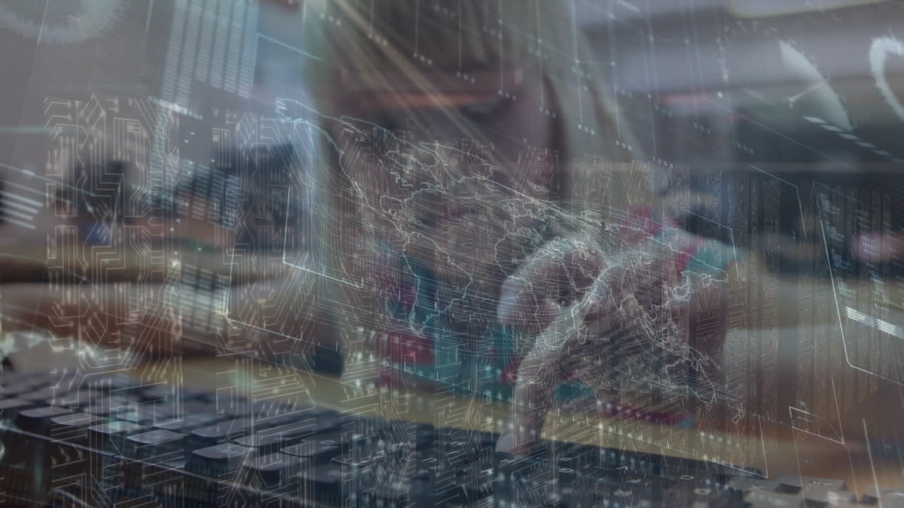 animación de pantalla con mapa del mundo y datos sobre chica caucásica usando computadora en la escuela