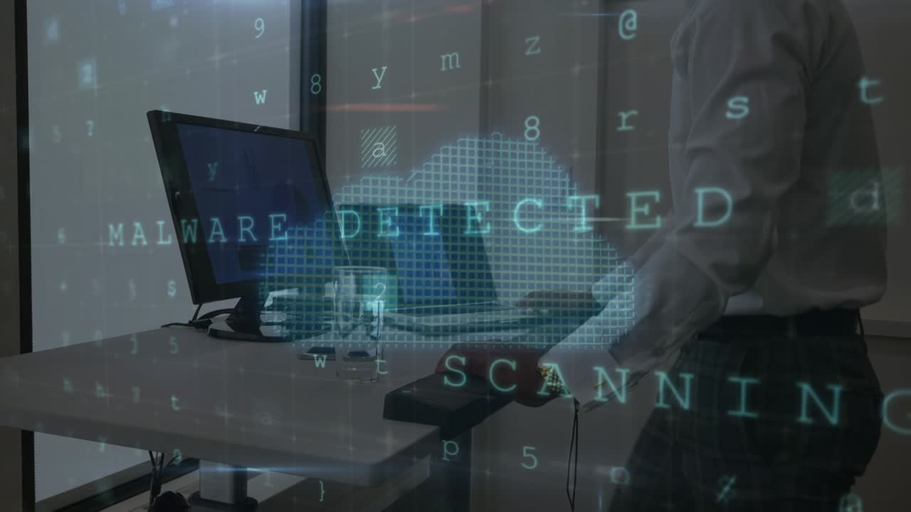 Animation of data processing over african american businessman walking and using computer