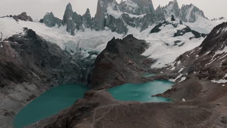 aerial view of laguna de los tres and laguna sucia with fitz roy mountain in patagonia, argentina