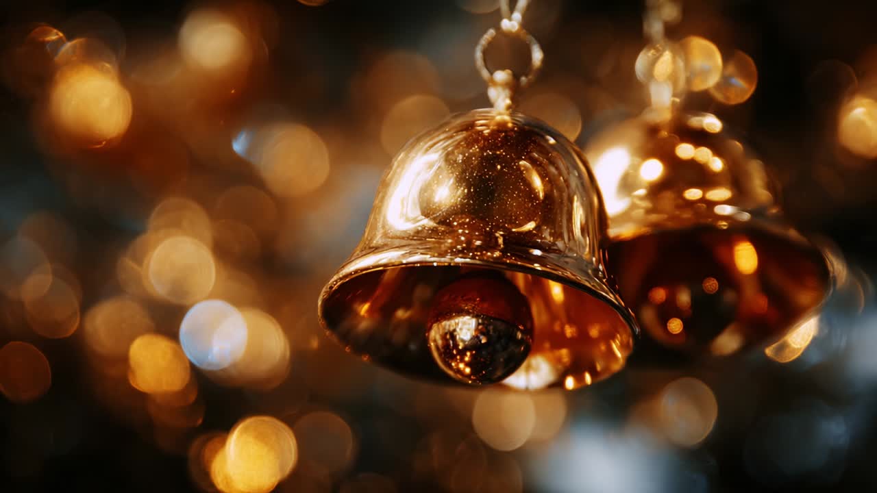 Un primo piano di scintillanti campanelle dorate che luccicano su uno sfondo sfocato, che cattura perfettamente l'essenza della festa e della celebrazione con una magica luce e brillantezza
