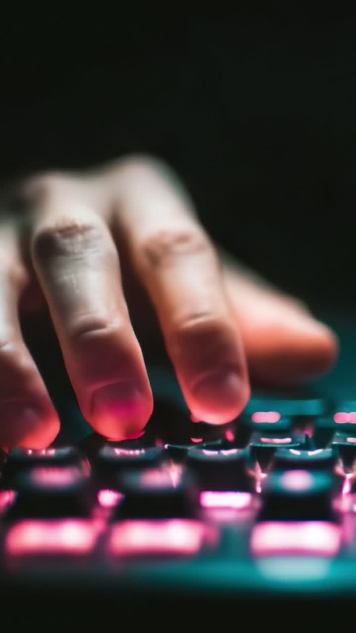 Primo piano di una persona che digita abilmente su una tastiera moderna e retroilluminata, che mette in risalto le complessità dell'interazione digitale in un ambiente buio
