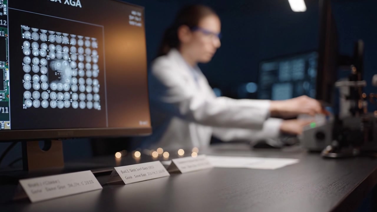 Tekniker analyserer data på dataskjermer i et mørkt laboratoriemiljø, med avansert bildeteknologi og vitenskapelig utstyr i fokus.