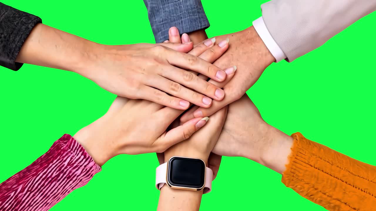 People stacking hands animation, transparent 4K video, green screen