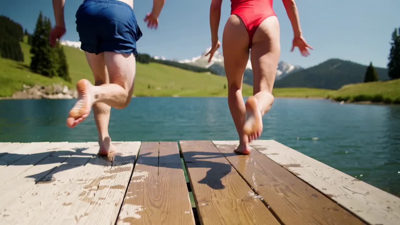 Running couple in blue trunks, red suit launching off dock into alpine lake, making twin splashes