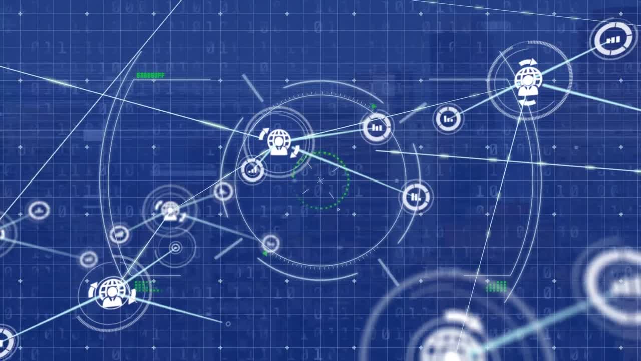 프로필 아이콘과 그래프 네트워크의 애니메이션은 원과 바이너리 코드에 대한 선으로 연결됩니다.