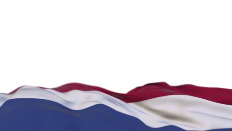 netherlands fabric flag waving on the wind loop. dutch embroidery stitched cloth banner swaying on the breeze. half-filled white background. place for text. 20 seconds loop.