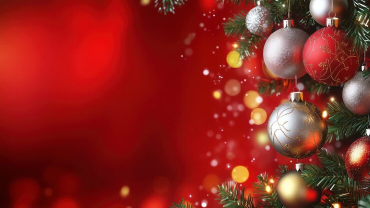 Festive Christmas scene with ornaments on a tree, captured from a side angle