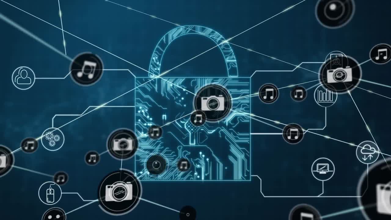 Animation of network of connections with icons over online security padlock