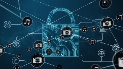 animación de la red de conexiones con iconos sobre el candado de seguridad en línea
