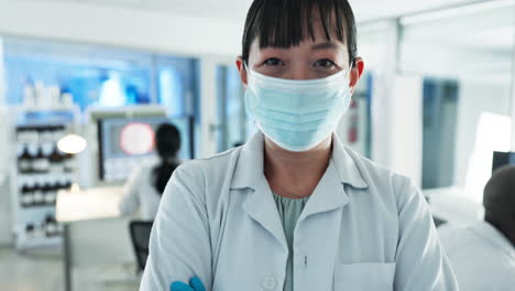 scientist, woman and face mask with arms crossed