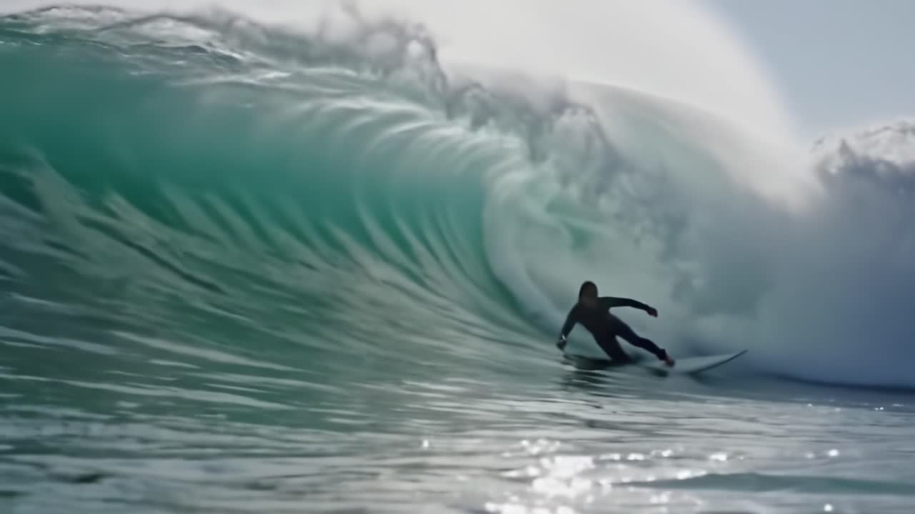 Dynamic Surfing Action Captured in Stunning Waves: A Surfer Navigating the Thrilling Water Swells and Beautiful Currents of the Ocean in Perfect Harmony