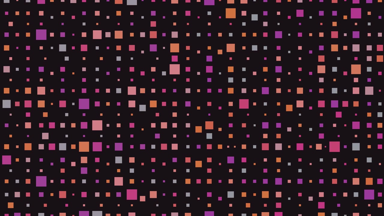 Vivace motivo astratto di quadrati colorati che pulsano lentamente, sparsi su uno sfondo scuro, texture digitale moderna animata e in loop
