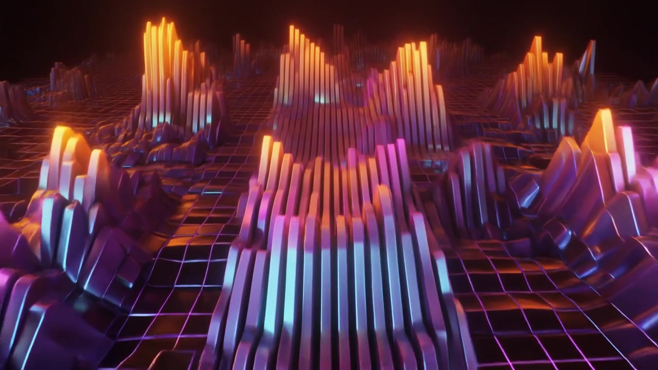 Abstract Digital Landscape with Glowing Neon Bars and Grid