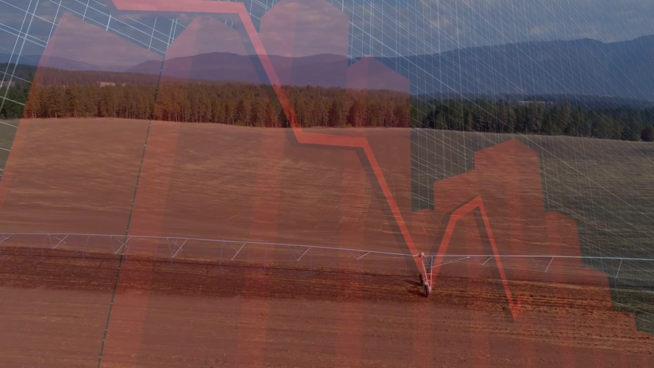 White grid showing red block expanding, jagged line falling over pivots, view panning showing yield