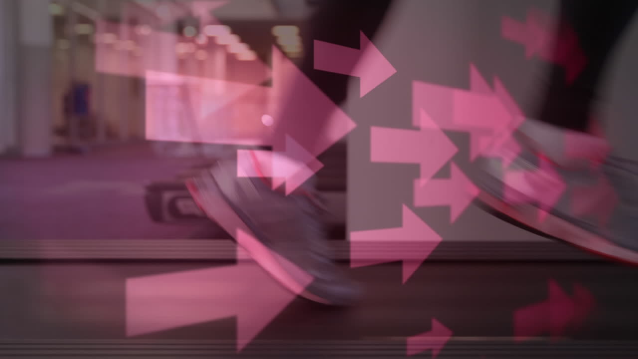 화살표 를 가진 트레드 밀 에 달리는 다리