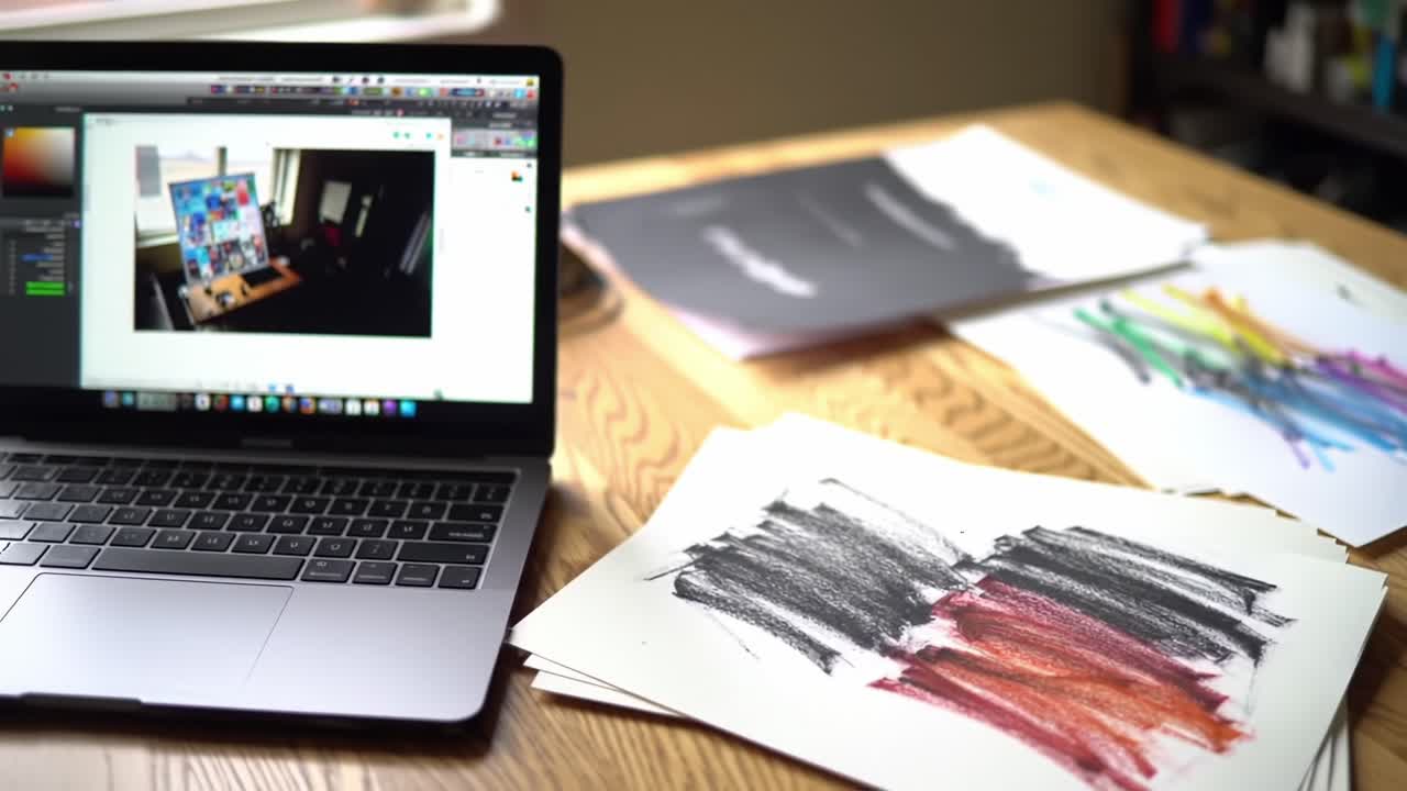 Exploring the Creative Process: A Snapshot of Digital Art Creation with Sketches and Laptop in a Cozy Studio Setting