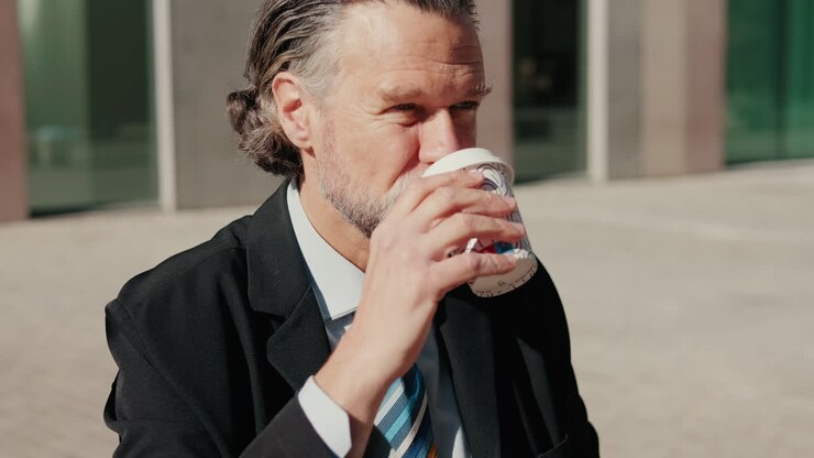 Businessman Enjoys Coffee Break Outside Office