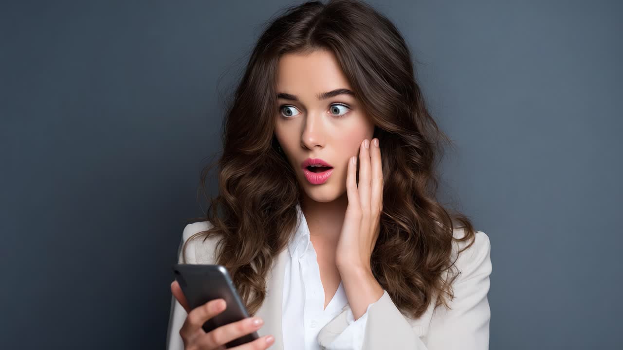 Astonished Woman Reacts to Surprising News on Her Smartphone, Capturing the Moment of Shock and Curiosity in a Professional Setting