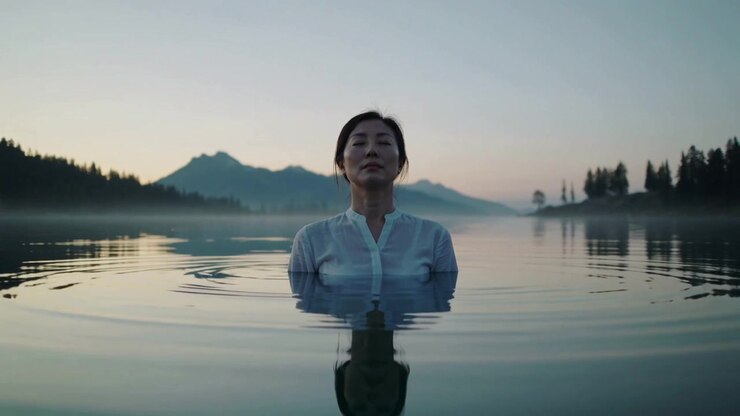 Breathing Asian woman standing chest-deep in alpine lake at dawn, creating ripples around wet shirt