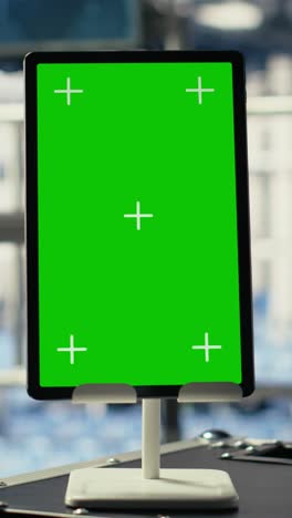 vertical video close up of green screen tablet in data center with advanced technology