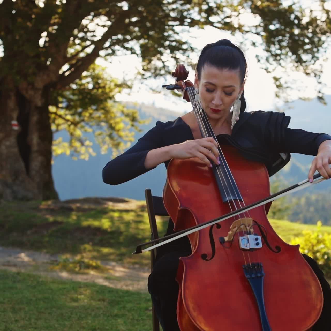Summer instrumental perfomance woman player. Pretty lady playing cello on nature landscapes