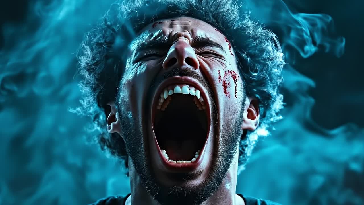 A man with his mouth open and his mouth wide open in smoke