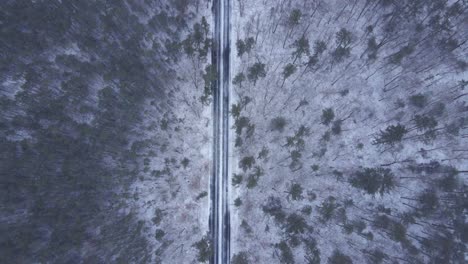 Heavy-Snowfall-Covering-Forest-And-Road-Landscape---aerial-shot