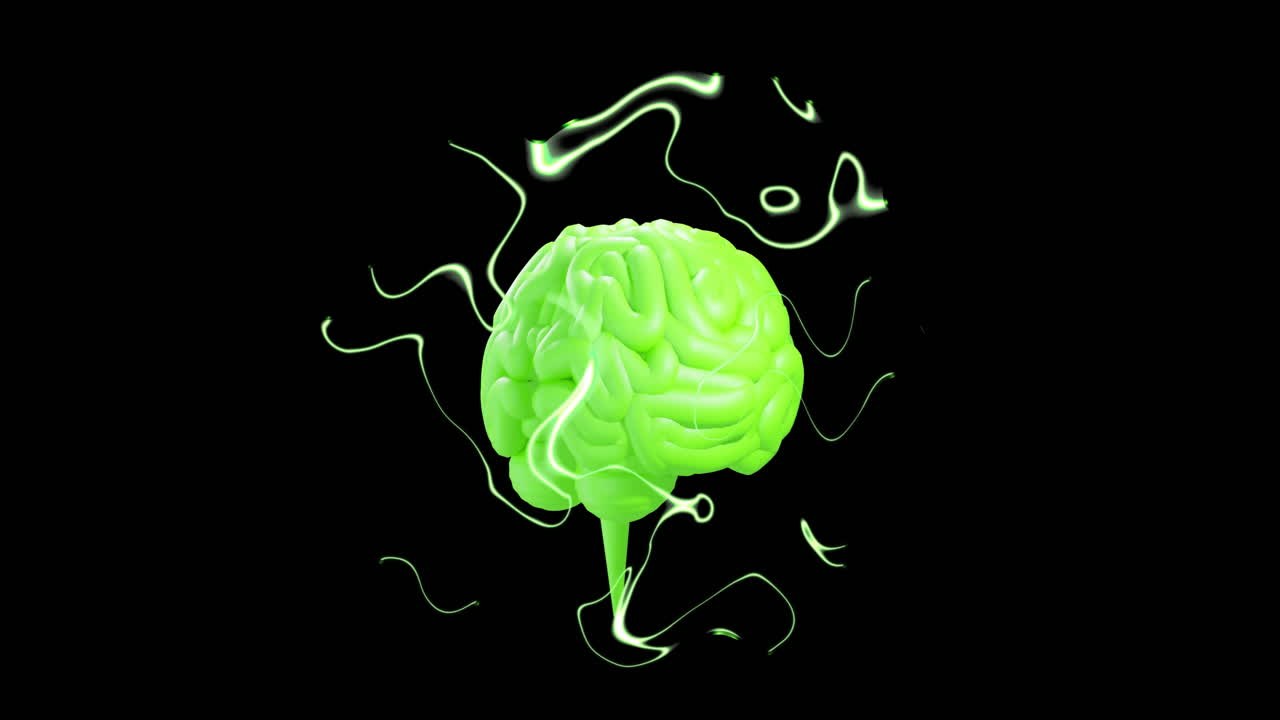 Animation of human brain and green light trails processing over black background