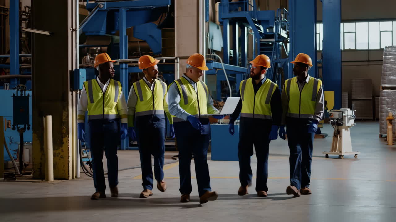 Engineers and workers in safety gear walking through a factory