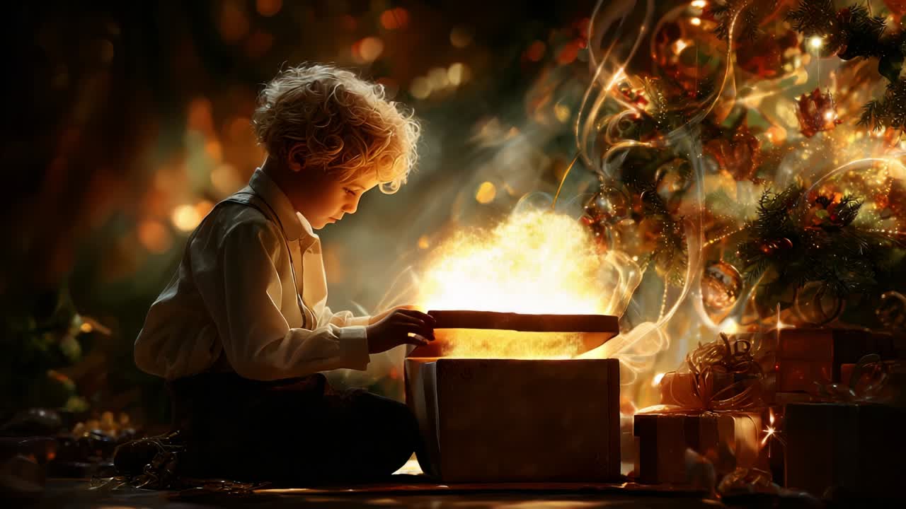 A Young Child's Magical Christmas Moment: The Joy of Unwrapping Presents Beneath a Sparkling Tree Surrounded by Holiday Cheer and Enchantment as Wonder Fills the Air with Magical Light