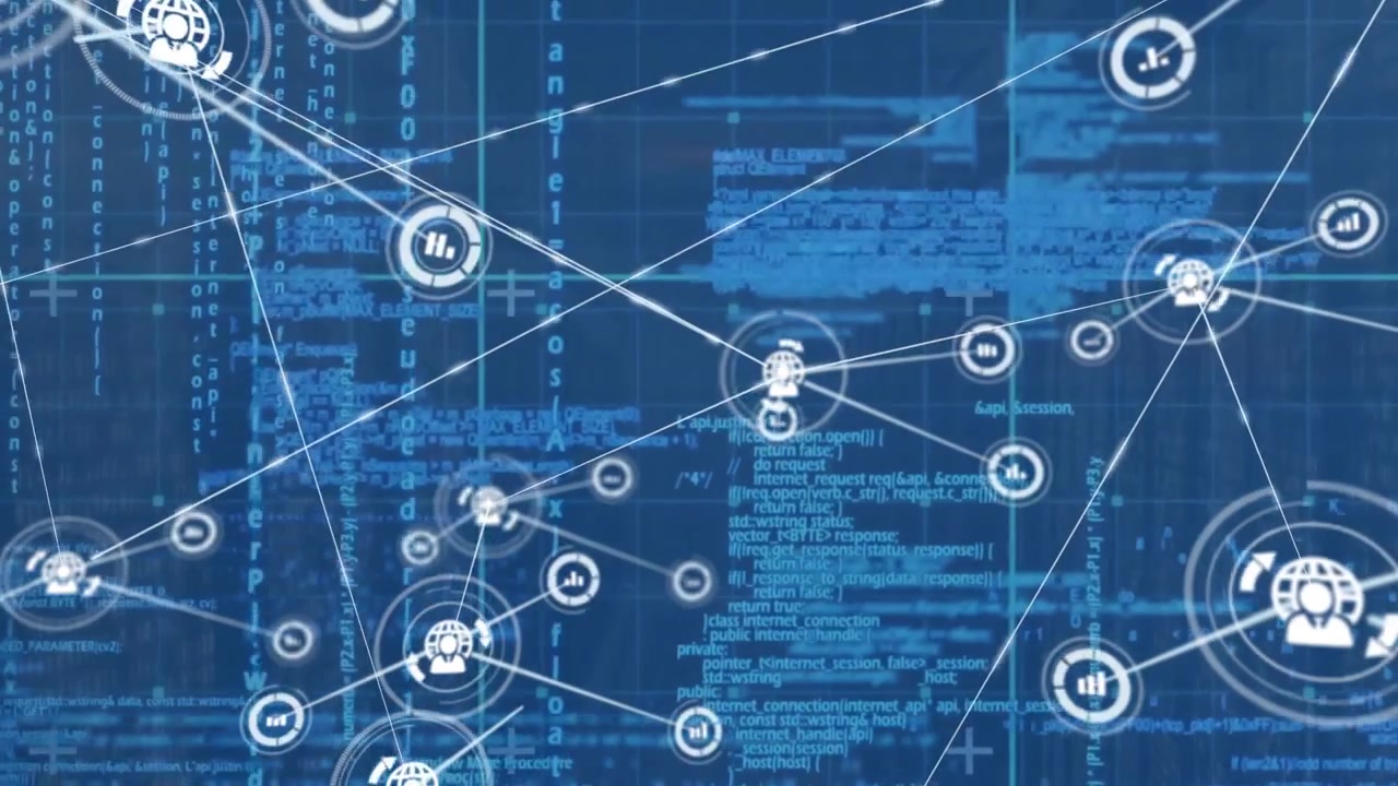 Animated Global Network Connecting Data and Users on Code Background