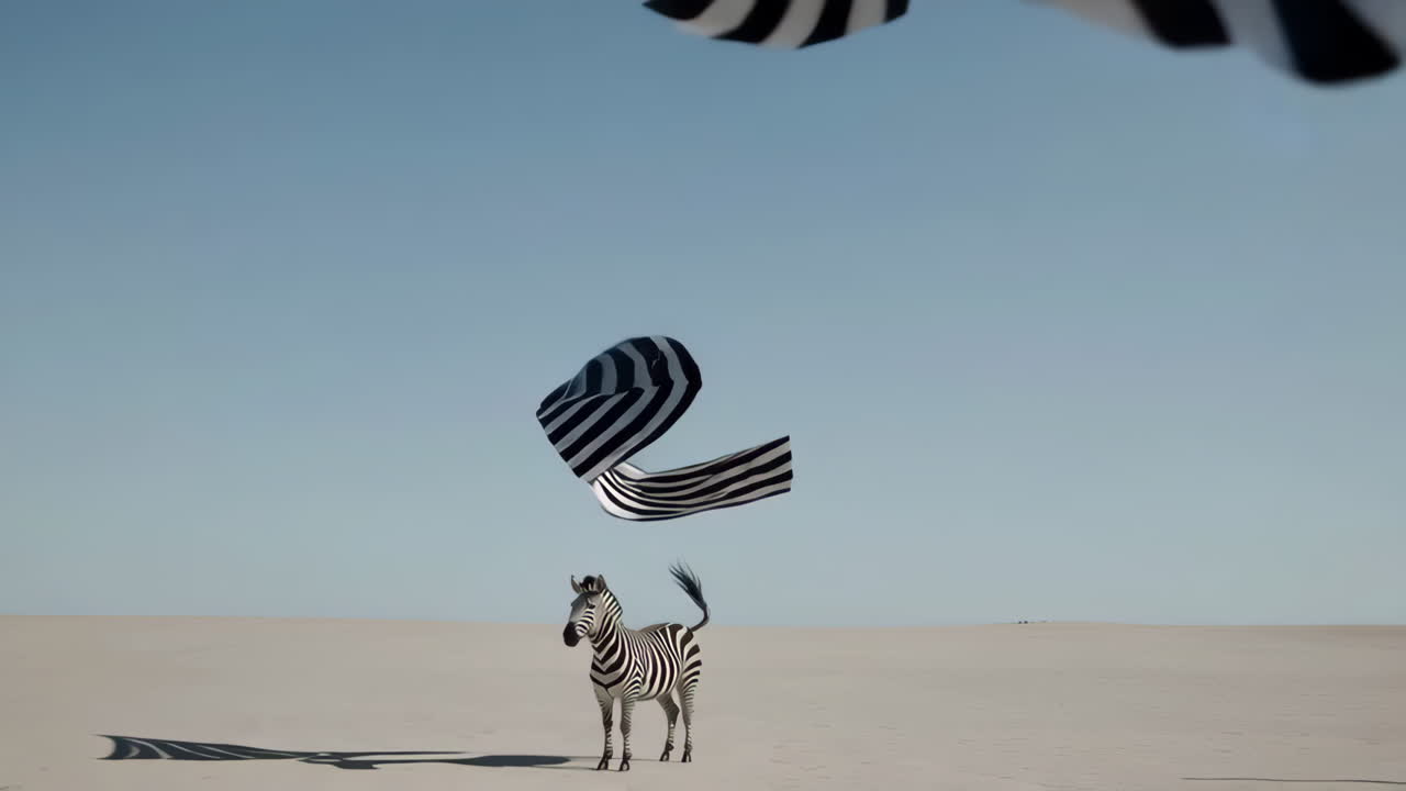 Surreal Zebra in a Desert with Floating Striped Fabrics