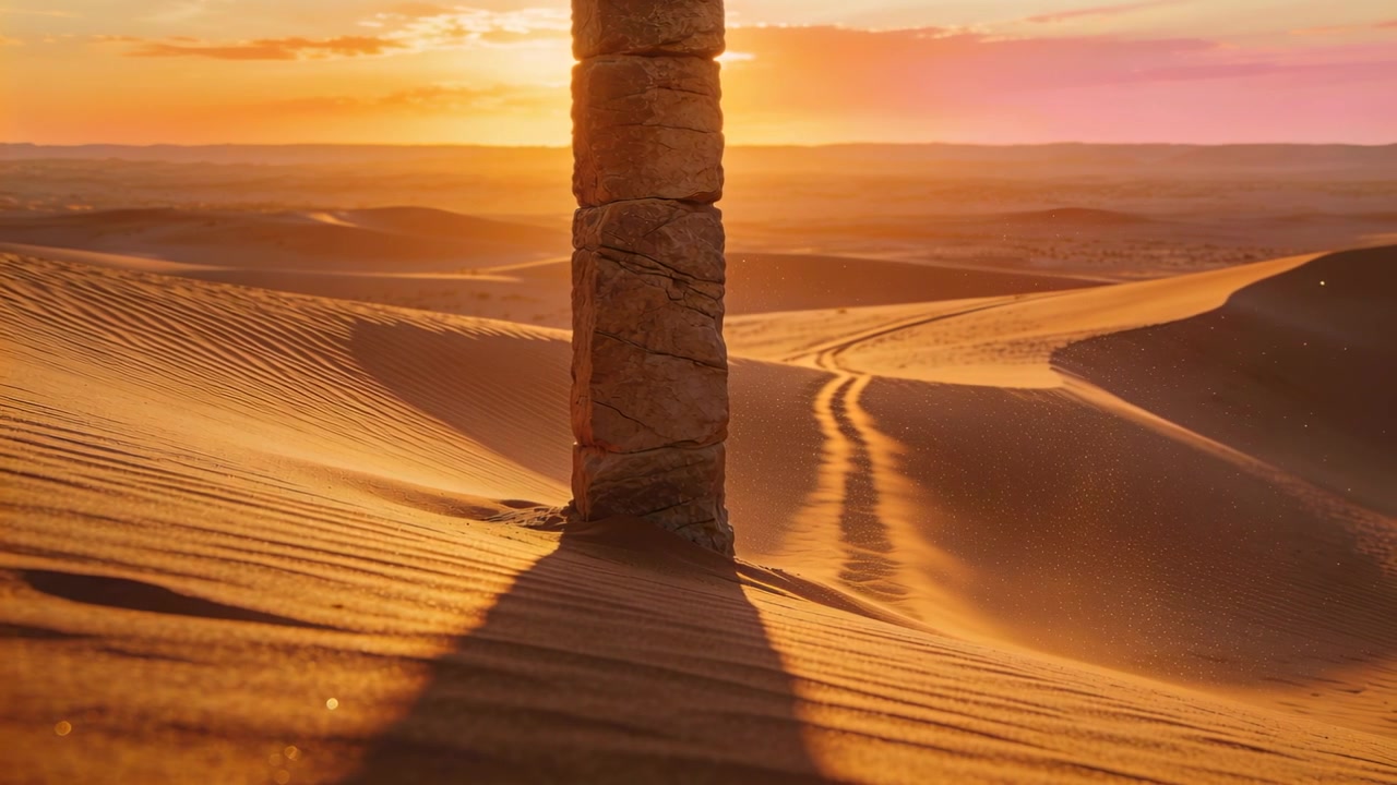 Pilastro di pietre impilate eretto che proietta una lunga ombra sulla cresta di una duna, con il sole che tramonta e il vento che sposta la sabbia.