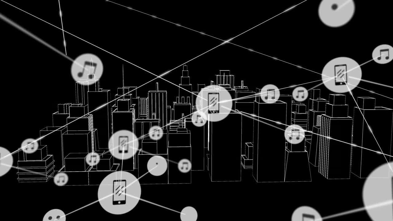 Animation of network of connections with icons over 3d cityscape drawing on black background