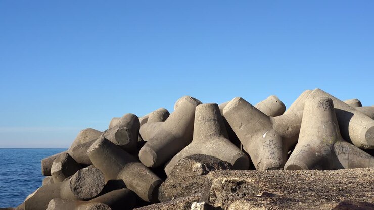 Stone rocks of massive triangular shape fortificating sea shore, protecting and defensive constructions of the sea pier. Stone blocks preventing from shore crash in storm or rough water splashing, power of nature