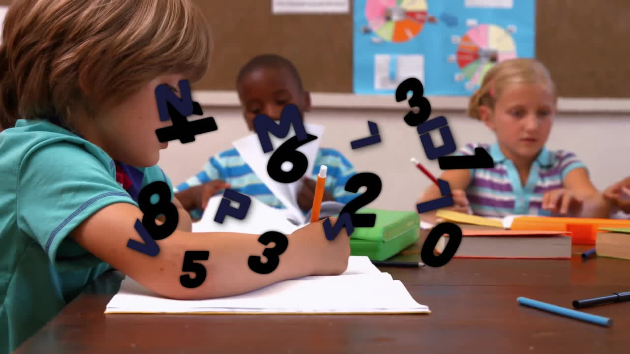 Animation of numbers and letters over diverse schoolchildren at school