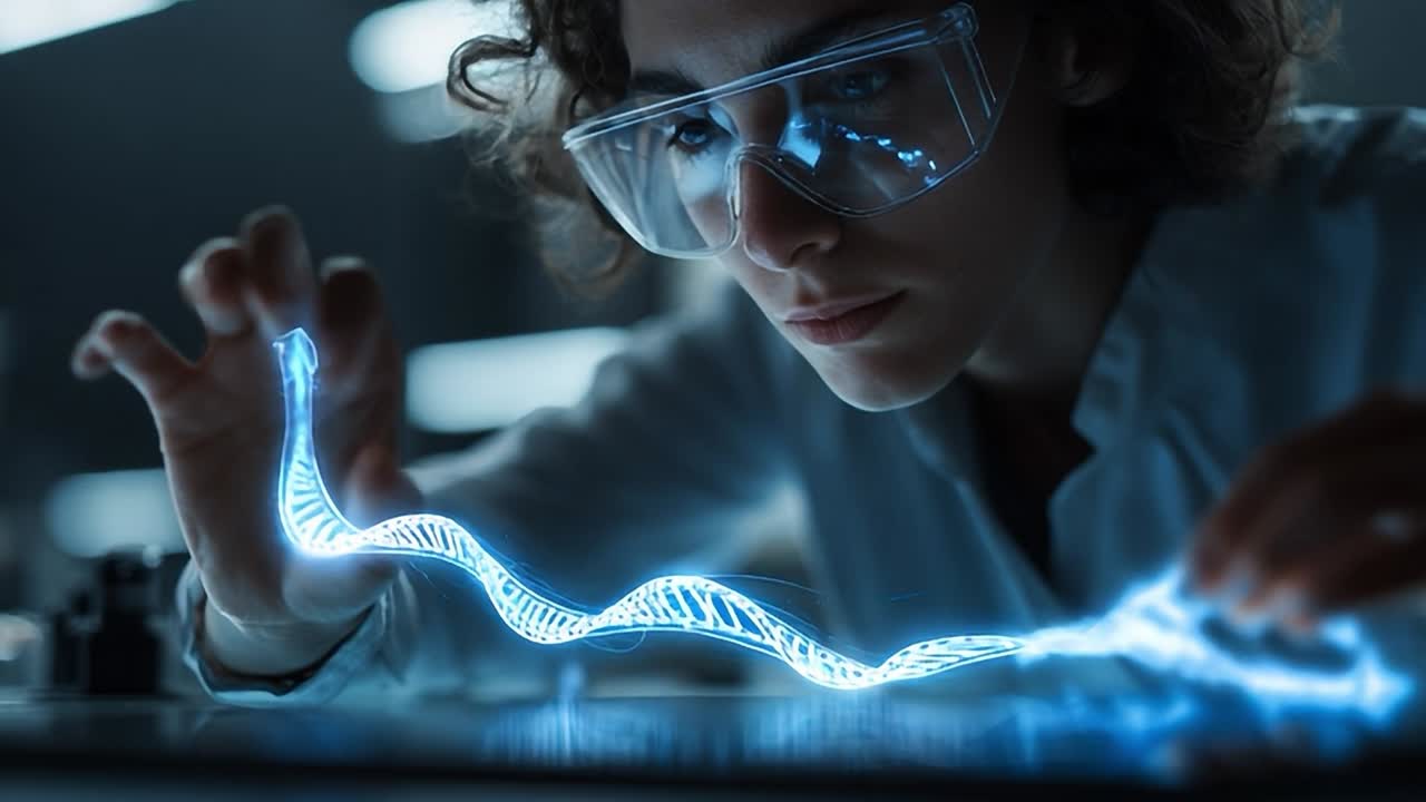 Científico experimenta con una brillante cadena de ADN en un laboratorio