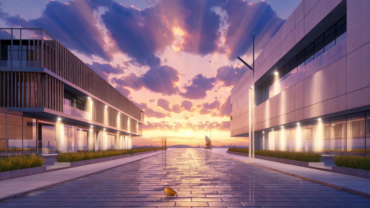 Rua de cidade moderna com edifícios e céu vibrante ao pôr do sol enquanto as luzes se acendem.