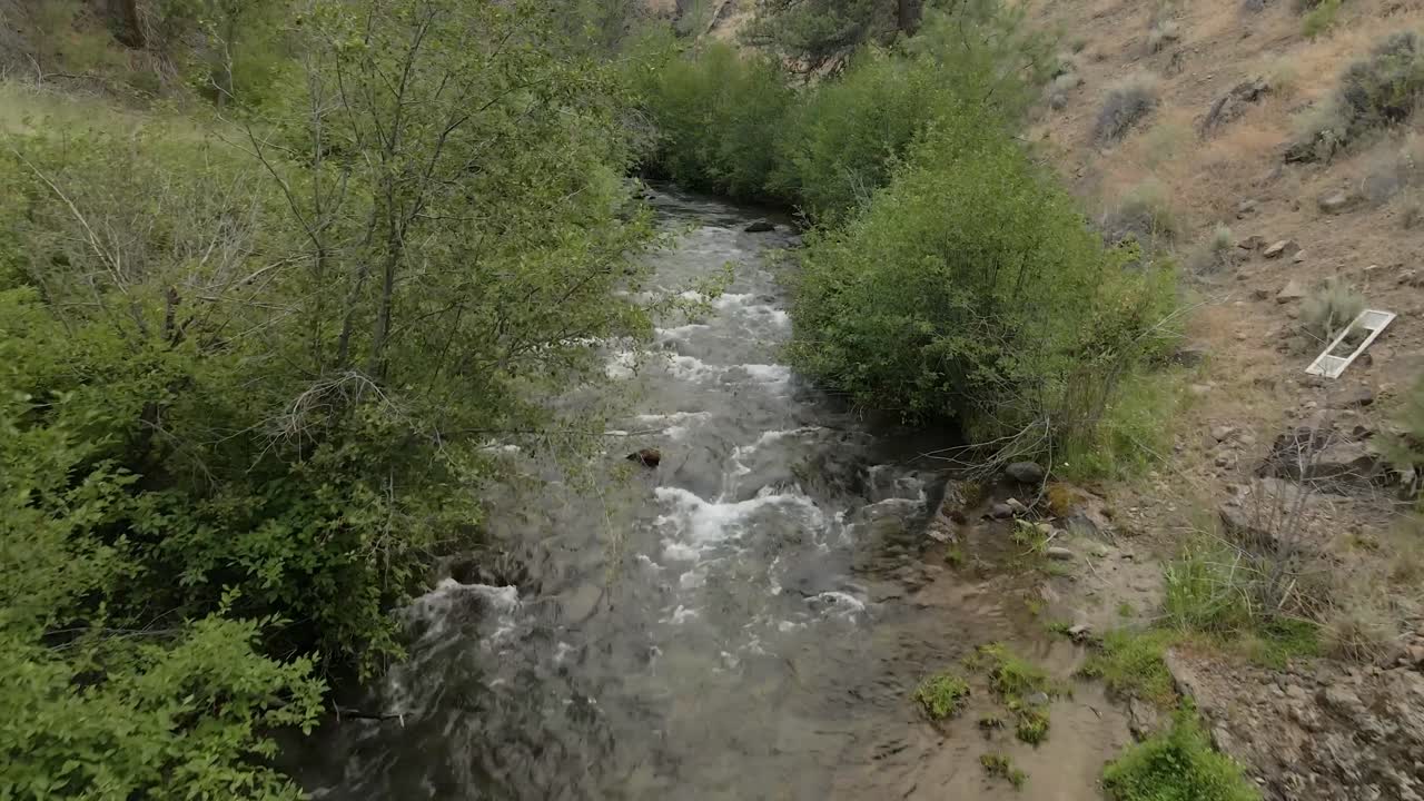 Riprese drone su un fiume modesto a Bend, Oregon