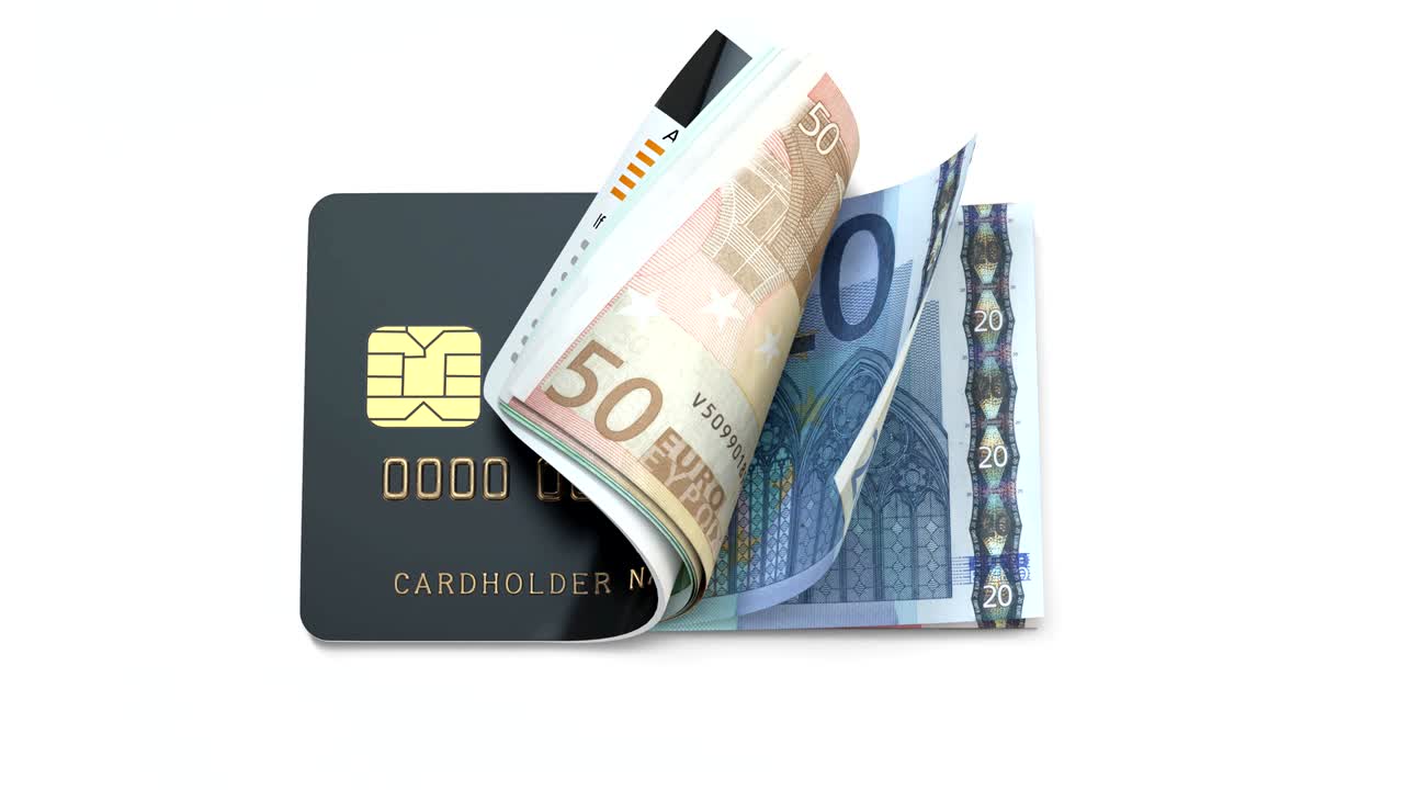 Kreditkort med eurosedlar. Onlinebank eller plånbok, koncept för finans och investeringar. Loopbar 3D-animation.