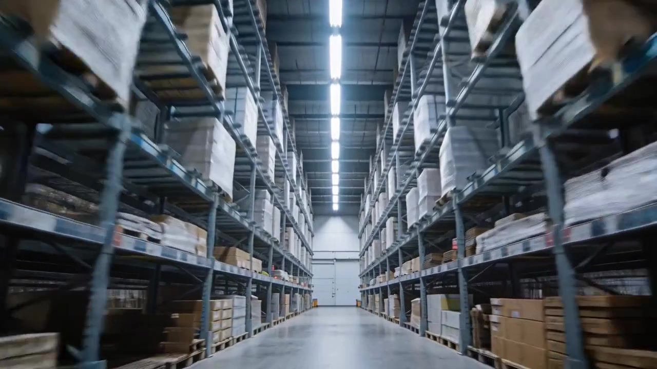Rollende Kamera bewegt sich einen Lagergang entlang, nachdem der Kamerawagen die Laderampe erreicht, mit Metallregalen.
