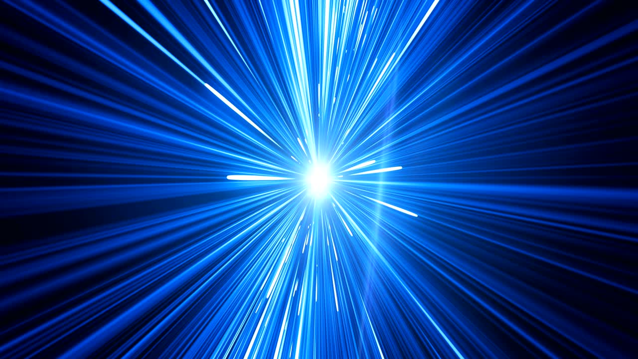 Beautiful Space Travel Through Stars Trails Spinning. Abstract Hyperspace Jump Blue Color to Big Star. Digital Design Concept. Looped 3d Animation of Glowing Lines