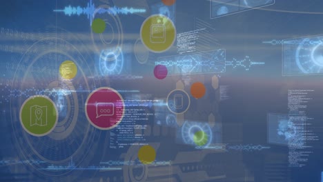 animation of statistics processing and social media icons over scopes scanning